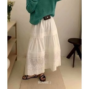 펀칭 레이스 롱 스커트 캉캉 밴딩 볼륨 플레어 롱치마 화이트 봄 여름치마