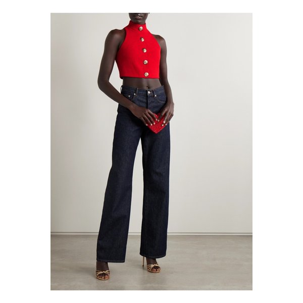 크롭 버튼 장식 울 혼방 부클레 탑 레드 46376663162844090