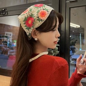 샵 / 꽃 모티브 스카프 헤어 두건 보닛 니트 뜨개 반다나[중지]2