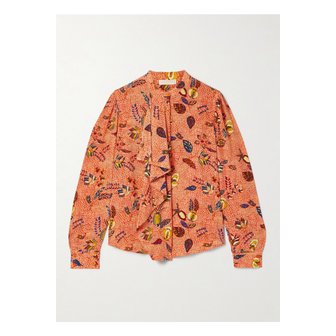 울라존슨 애슐린 러플 프린트 실크 크레이프 드 신 블라우스 오렌지 1647597333659113