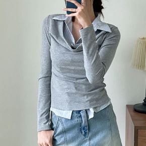 셔츠 배색 레이어드 긴팔 티셔츠 슬림핏 드레이프 카라 셔츠티 코디 편한 레이.._P418482879