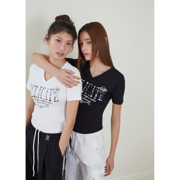 [시흥점] 여성 V넥 레이스 패치 반팔 티셔츠 (ES2OTH54)