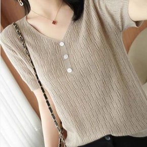 여성 브이넥 반팔티 버튼 포인트 여리핏 5칼라