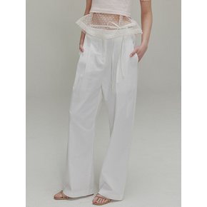 Ribbon cotton two-tuck wide pants_White