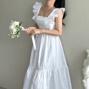 에이프런 프릴 스퀘어넥 백리스 리본 허리 밴딩 반전 롱 A라인 신혼여행 휴양지.._P367673550