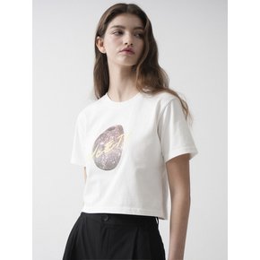 Stone Art Work Printing Crop T-shirt (White)