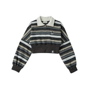 [ WOMAN ] KNIT STRIPE SHORT CROP HALF ZIP-UP CHARCOAL