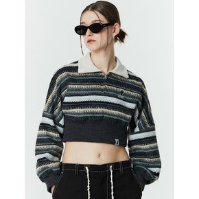 [ WOMAN ] KNIT STRIPE SHORT CROP HALF ZIP-UP CHARCOAL