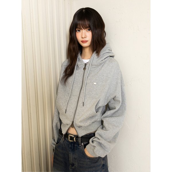 2WAY 엔틱 스몰 로고 크롭 후드 집업_멜란지