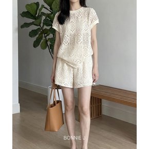 보니제이 무드 에스닉 자수 펀칭 레이스 투피스 루즈핏 가오리핏 반팔 상의 반바지 세트