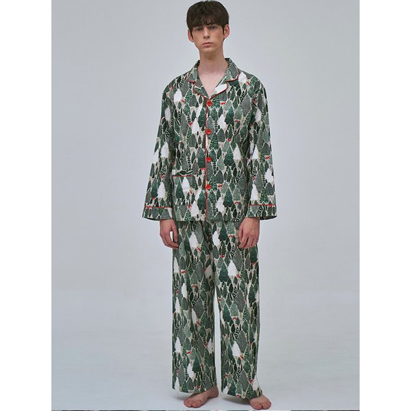 순면 포레스트 시크릿 패턴 긴팔 피치 기모 남성 잠옷