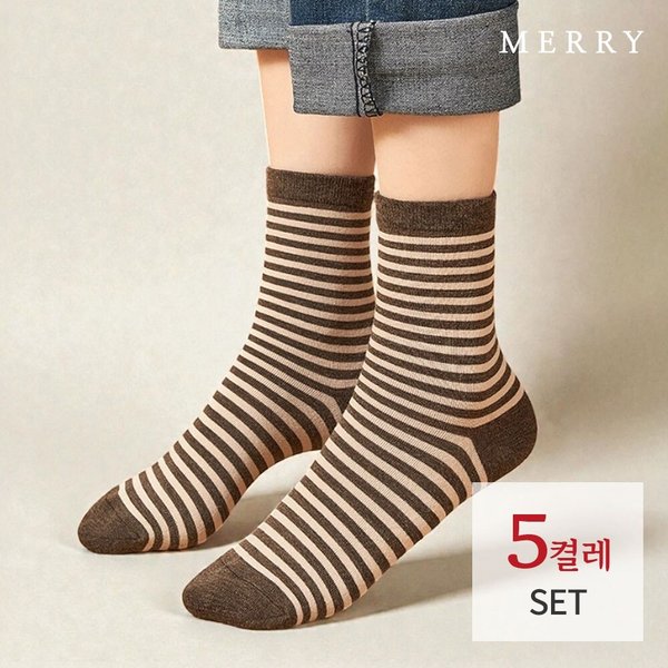 무무 스트라이프 베이직 링글 양말 5켤레 세트/여성양말
