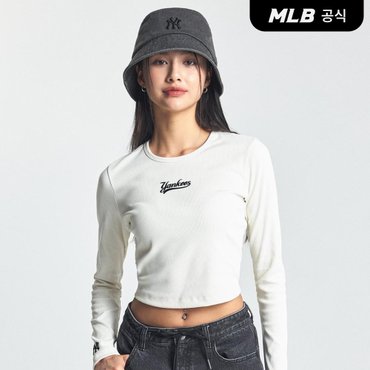 MLB [코리아공식] 여성 바시티 컬시브 슬림 크롭 긴팔 티셔츠 NY (Cream)