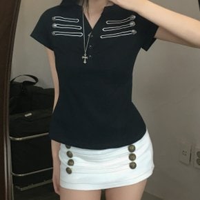 레옹 제복 로프 자수 앤틱 버튼 오픈 카라 골지 반팔 티셔츠