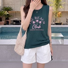 로즈마리 비치 프린팅 여성 민소매 티셔츠 면 나시 여름 휴양지