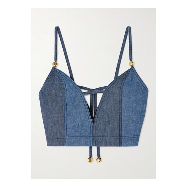 파울라 이비자 크롭 컷아웃 장식 데님 뷔스티에 탑 블루 1647597335549760