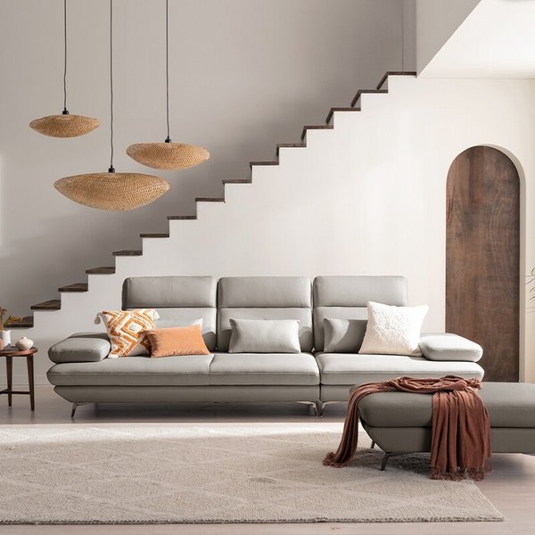 플랫 4인 스윙 전체 천연 면피가죽 소파+스툴