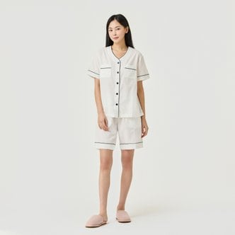 JAJU 여 50수 코튼 시어서커 브이넥 5부 파자마 세트(IVORY / YELLOW / NAVY / PINK)