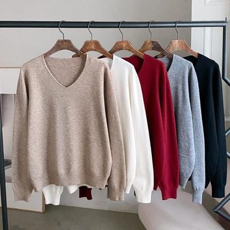  [옷자락] 여자 심플 비스코스 브이넥 루즈핏 홀가 긴팔 니트
