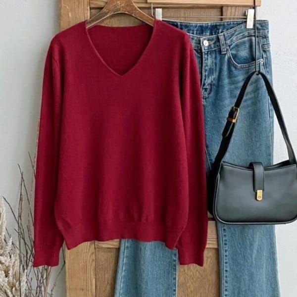 [옷자락] 여자 심플 비스코스 브이넥 루즈핏 홀가 긴팔 니트