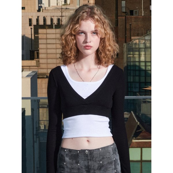 Deep V-neck Ribbed T-shirt (Black)