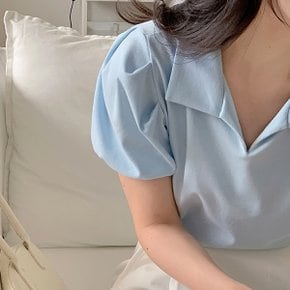 쿠벨론 오픈카라 핀턱 퍼프 반팔티셔츠 (44~110)