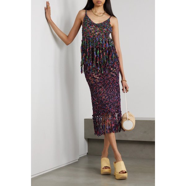 Paula`s Ibiza Fringed Metallic Open-knit Camisole 블루 34344356236536959