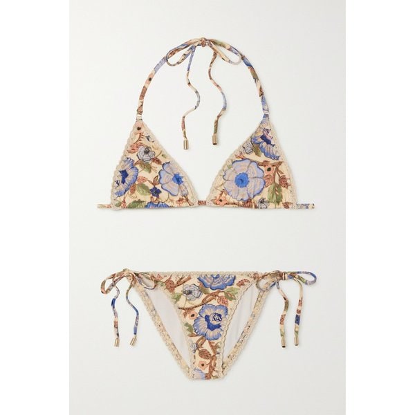 주니 메탈릭 크로셰 트리밍 플로럴 프린트 트라이앵글 비키니 아이보리 1647597326793203