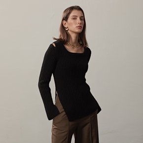 RIBBED-KNIT SQUARE NECK PULLOVER(BLACK)