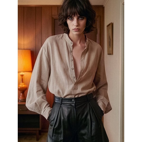 Linen Henley Shirt[OatmealUNISEX)]_UTS-SS81