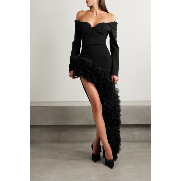 데이비드코마 비대칭 러플 튤 트리밍 울 크레이프 맥시 스커트 블랙 1647597313777472