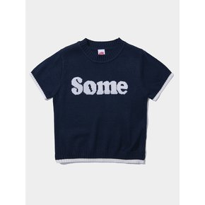 Basic Thumb Logo Coloring Semi-Crop Round Neck Short-Sleeved Knitwear Top [Navy]