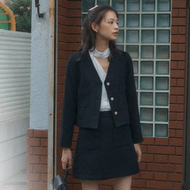 틸아이다이 Collarless ourora tweed jacket_Black