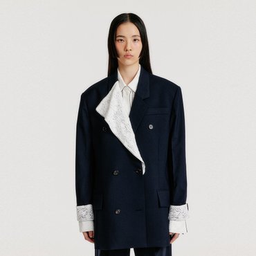 EENK YO Double-Breasted Jacket with Lace Collar - Navy