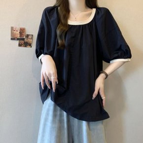 팃스 배색 반팔 블라우스