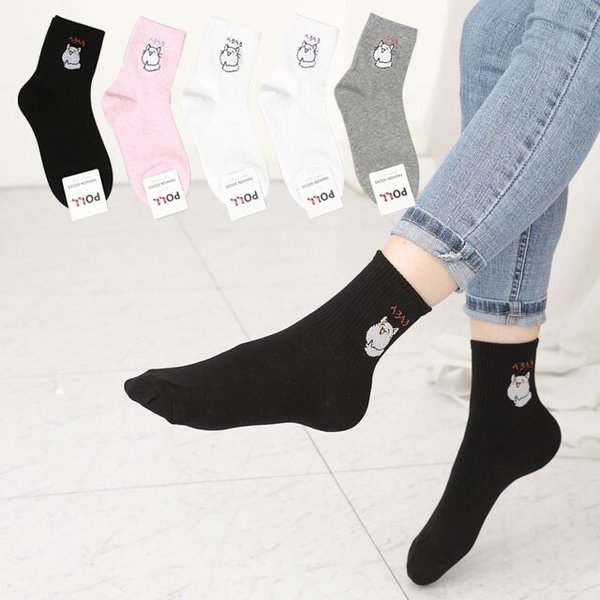 5켤레 여성 스마일캣 양말 중목 면 캐릭터 패션 학생