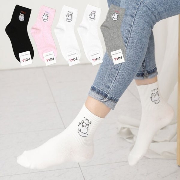 5켤레 여성 스마일캣 양말 중목 면 캐릭터 패션 학생