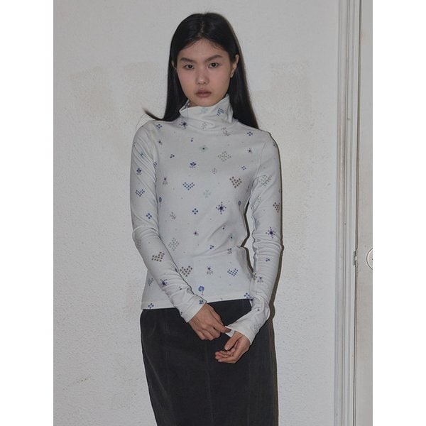 Pixel print turtle neck top - Khaki gray