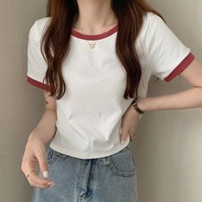 라운드 넥 시보리 배색 반팔 티셔츠