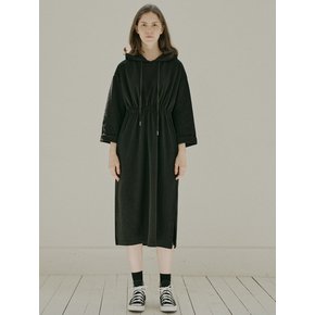 Waistband Hood Long Dress -Black