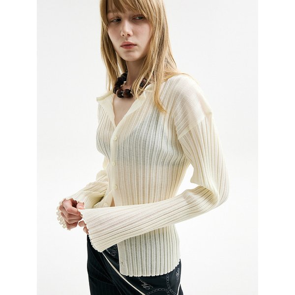 SHEER GLOSSY PLEATS CARDIGAN_LIGHT YELLOW