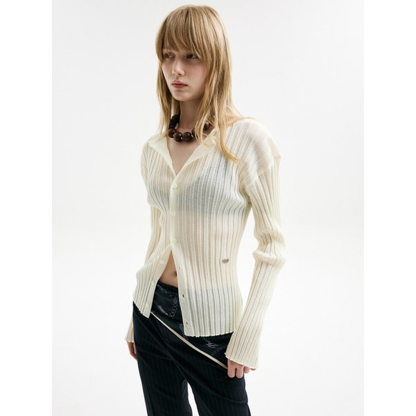 SHEER GLOSSY PLEATS CARDIGAN_LIGHT YELLOW