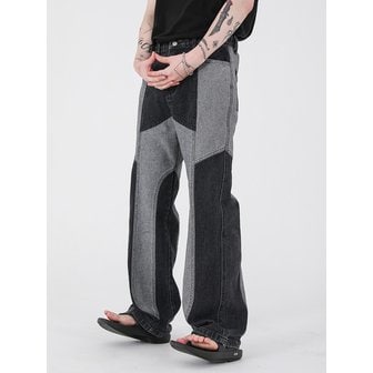 MNL INSIDE OUT CONTRASTING PANEL DENIM PANTS [BLACK]