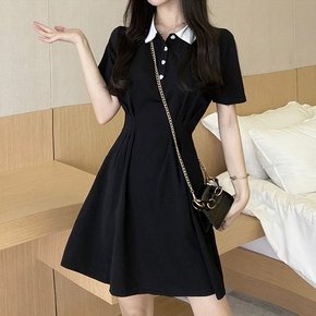 원피스 OPS 홈웨어 카라배색 하트 단추 반팔 여성