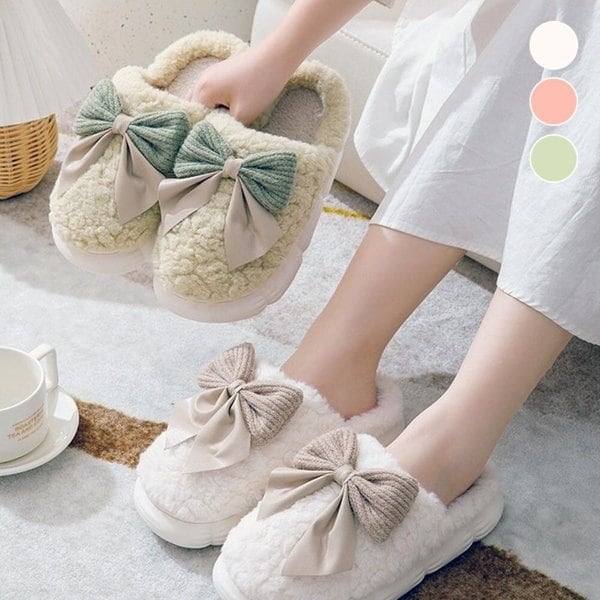 [옷자락] 여자 겨울 러블리 빅리본 뽀글이 양털 보온 실내화