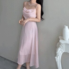 카푸치노 슬립 레이스 드레이프 발레코어 시스루 민소매 여신 휴양지 비치 원피스.._P394293351