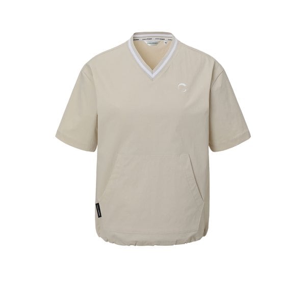 [부산점] 여성 캥거루 포켓 V넥 반팔 우븐탑 라이트베이지