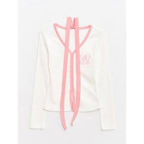 Logo Muffler V-neck Top Pink