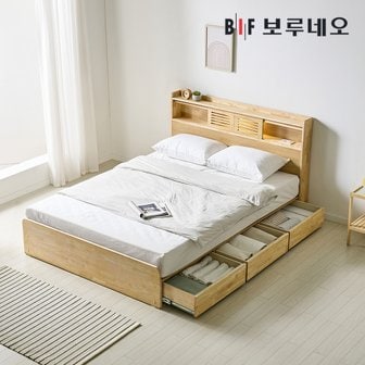 BIF보루네오 [착불]카뮤Po 3서랍 고무나무 원목 침대 LED 수납 프레임 Q