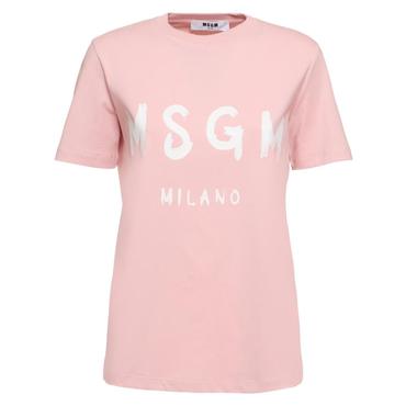 MSGM 엠에스지엠 여성 코튼 니트 저지 로고 티셔츠 핑크/화이트 80IM64060 6021193